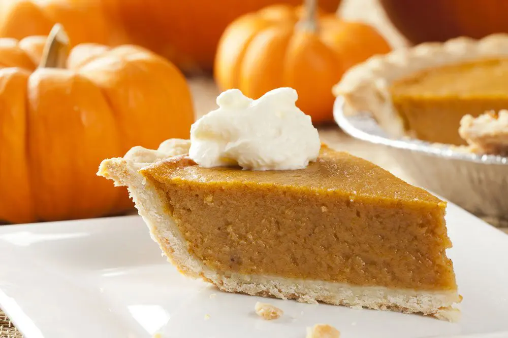 Pumpkin Pie Slice with whipped cream and pumpkins in background.