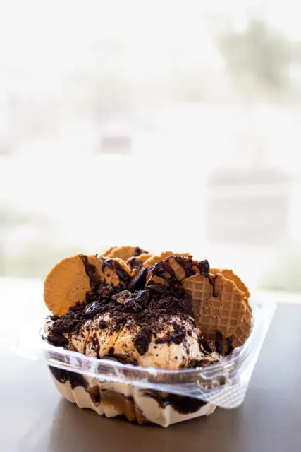 Waffle Chips with vanilla custard caramel and crushed oreos