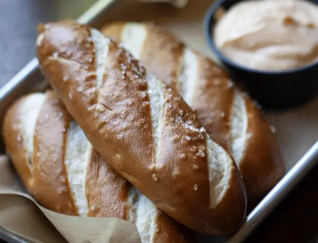 Pretzel with Hard Cider Cheese on tray