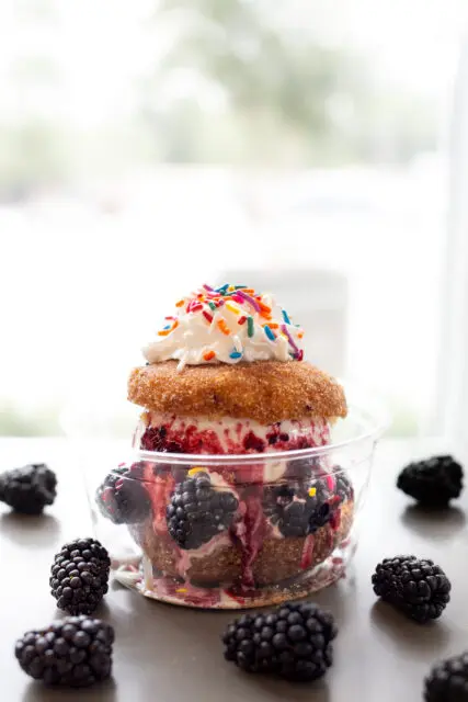 Cider donut topped with vanilla custard, whipped cream and sprinkles