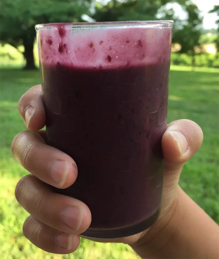 A picture of a blackberry smoothie close up in glass.