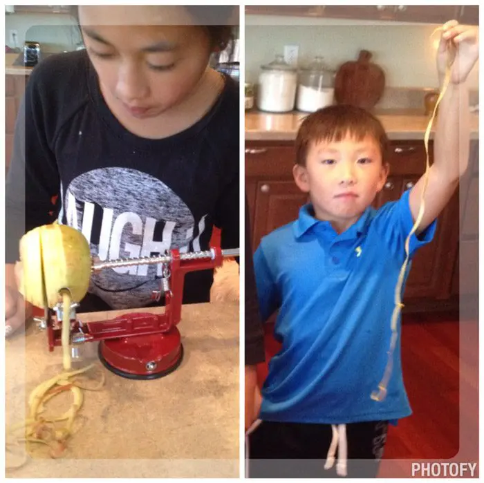 A collage of children coring apples