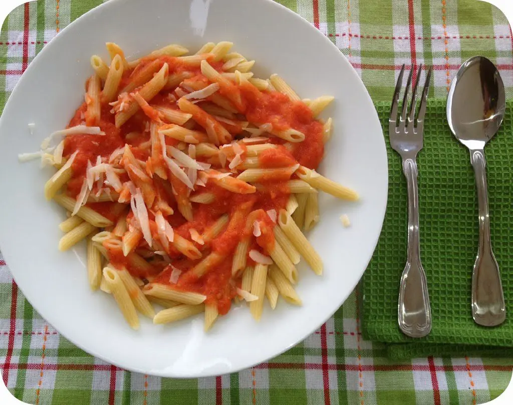 A picture of homegrown tomato sauce on penne pasta served on white plate and colorful green plaid table cloth.