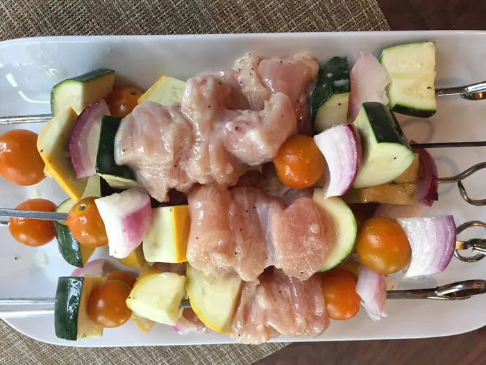 Prepping Chicken Kabobs for grill.