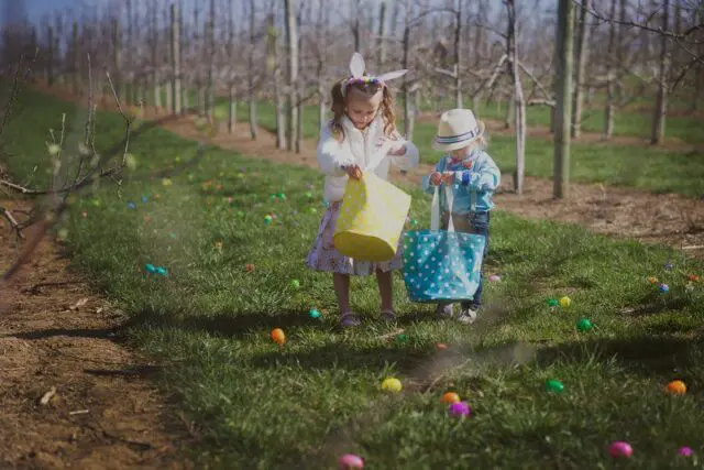 Easter Egg-Citement - two little girls looking into easter bags on egg hunt trail.