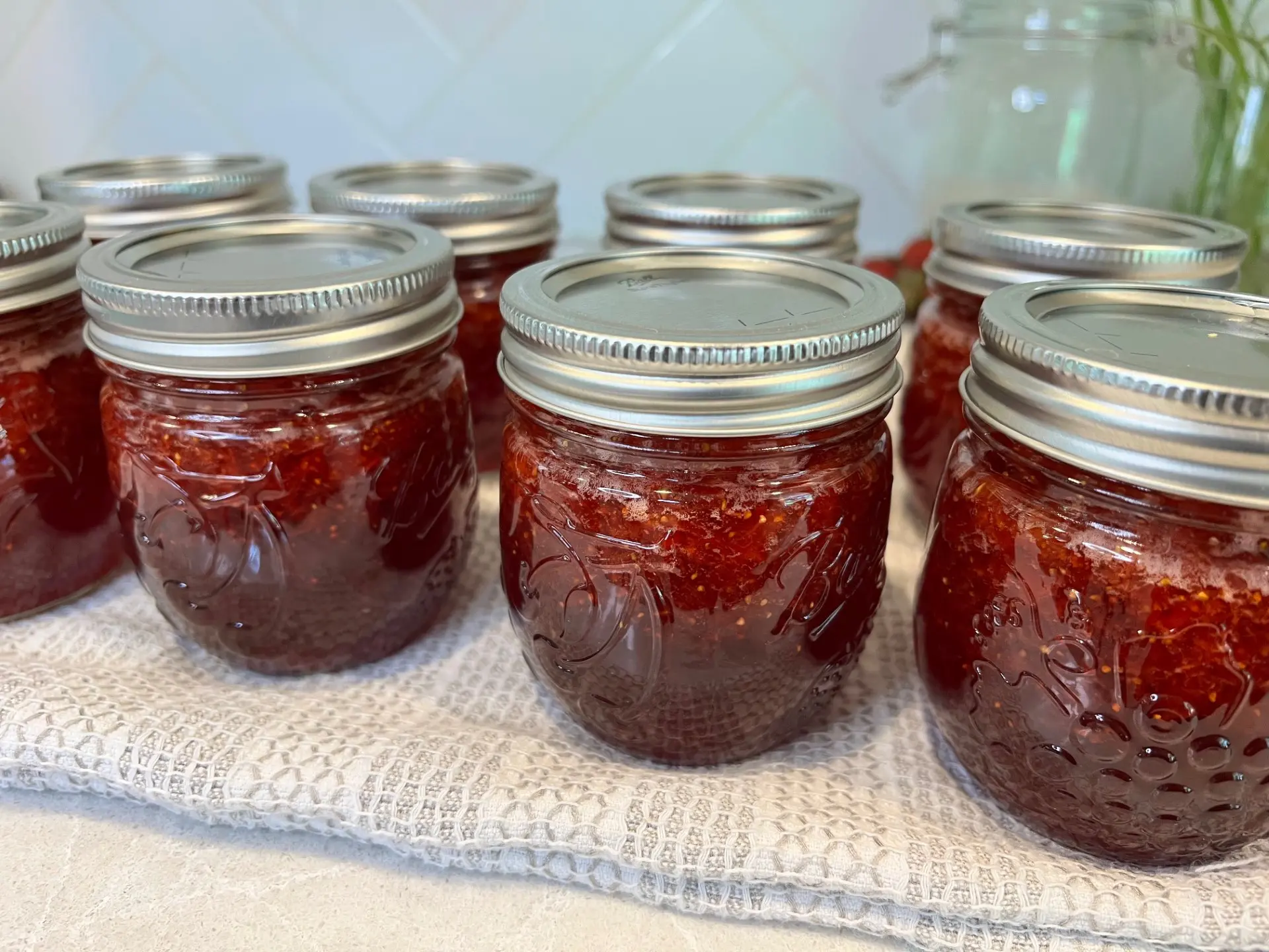 Strawberry Jam jars close up