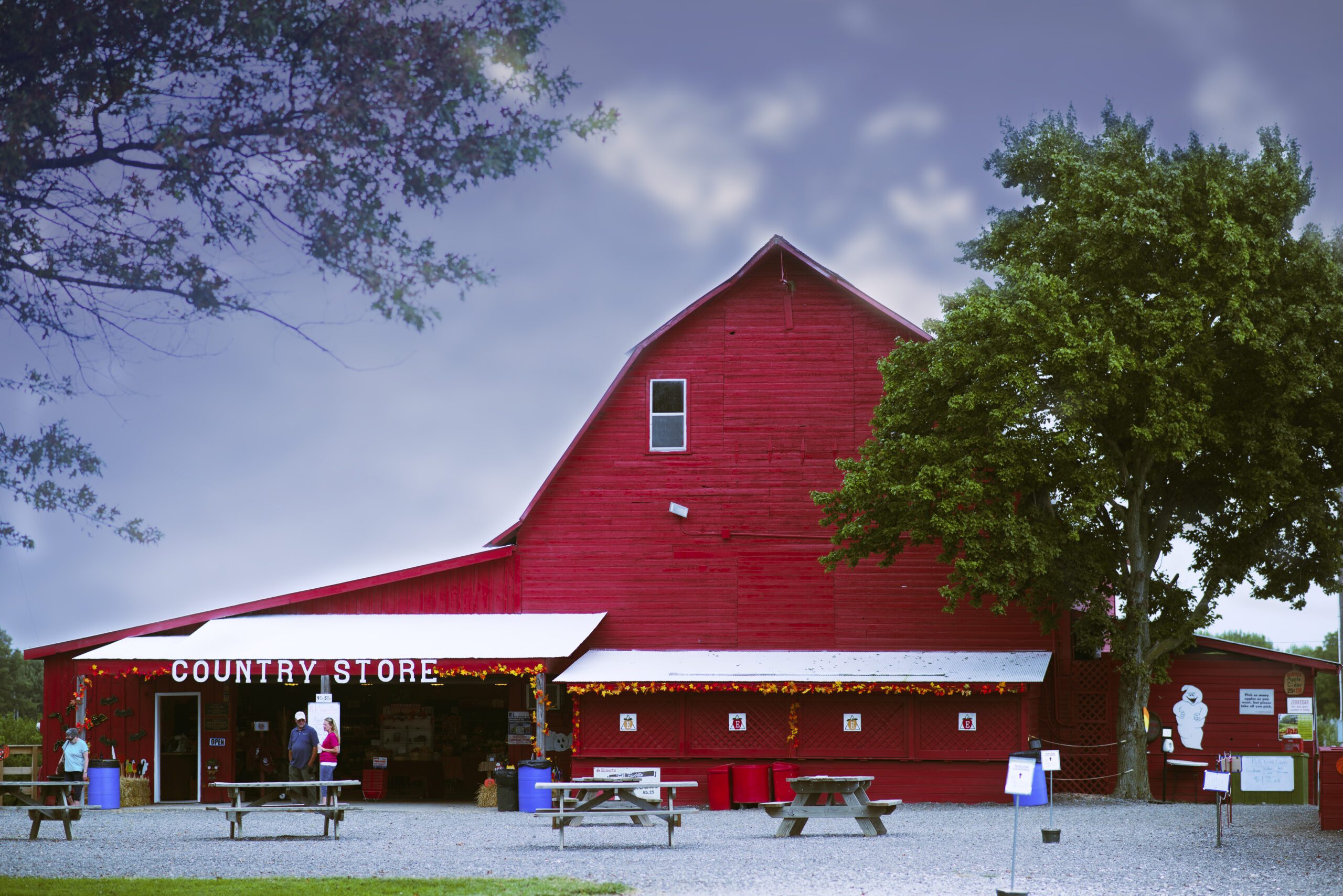 A vibrant red barn with "COUNTRY STORE" signage under a cloudy sky, surrounded by trees and picnic tables.