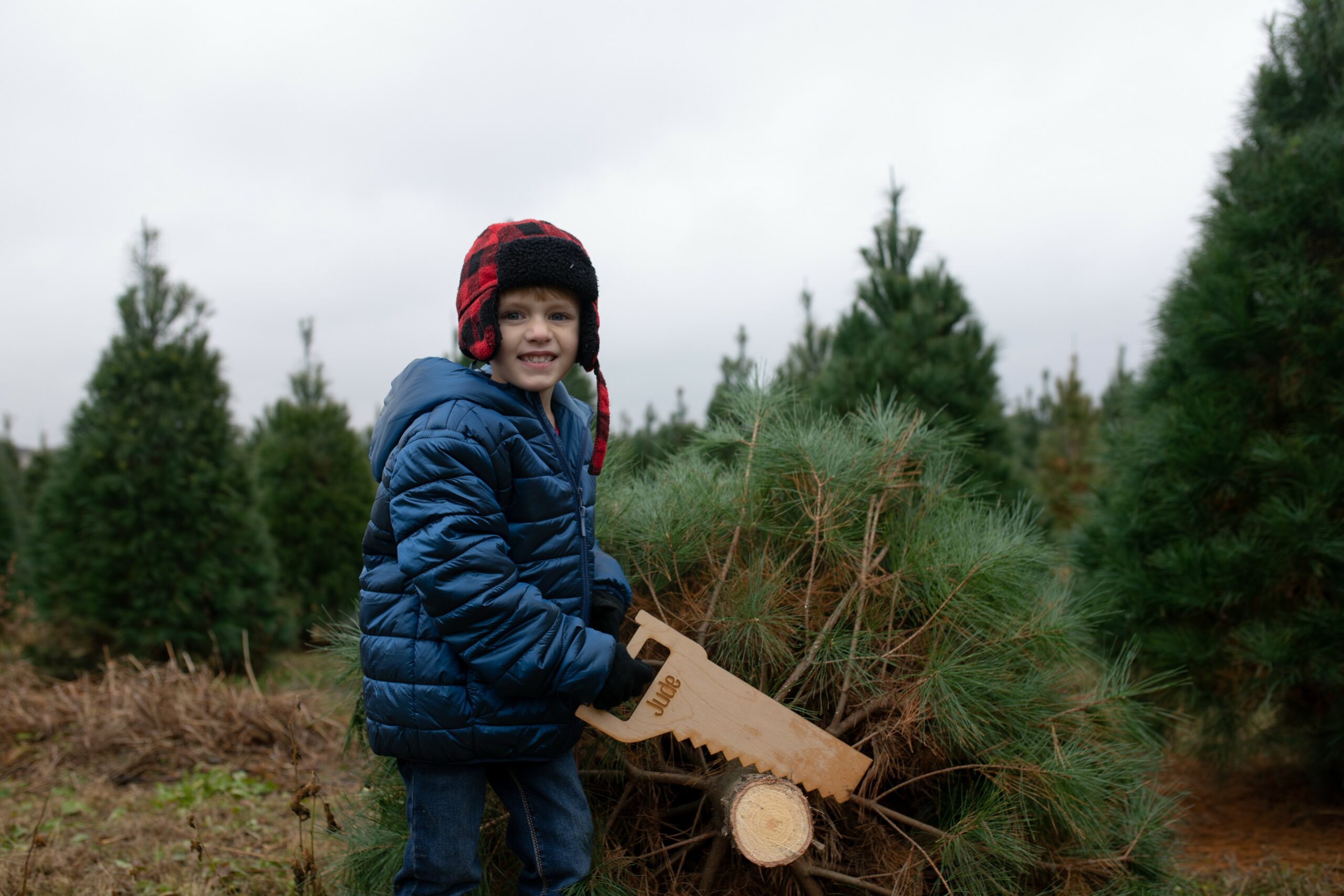 A smiling child in a winter hat and coat holds a saw next to a freshly cut pine tree in a tree farm.