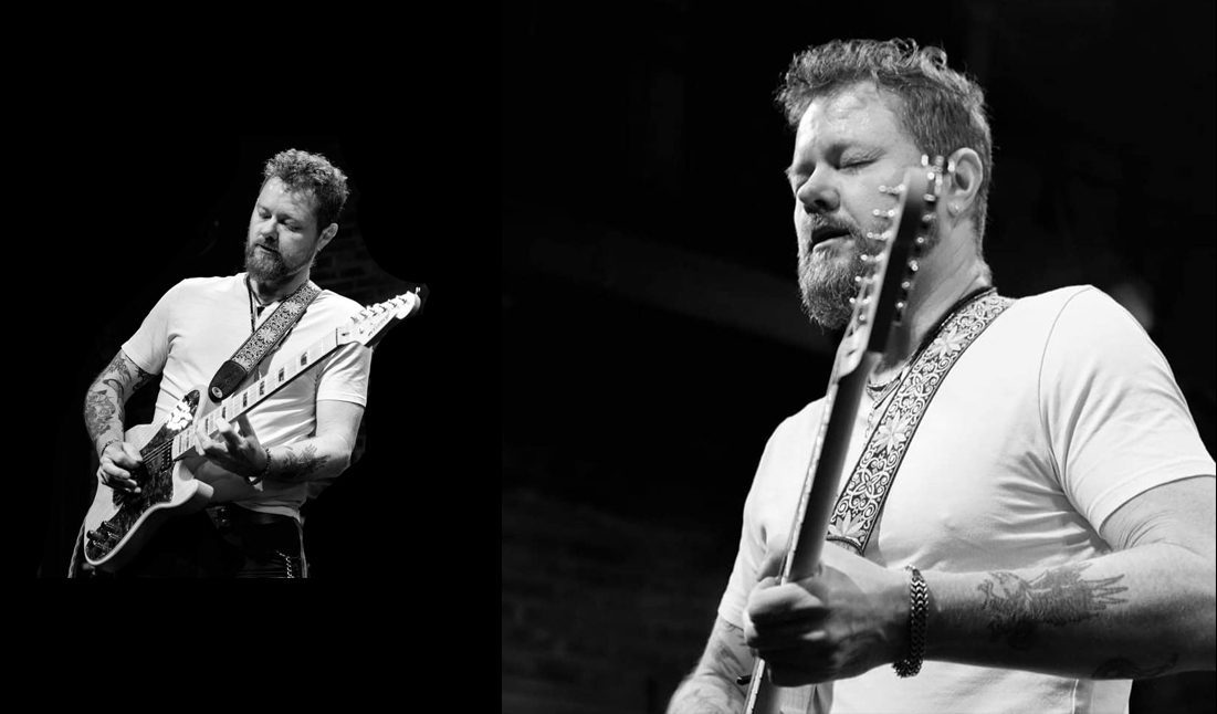 A split-screen of a tattooed musician playing guitar and singing passionately in black and white.