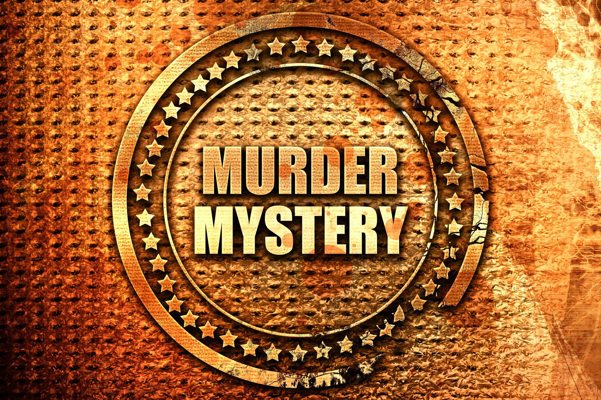 A textured graphic with the words "MURDER MYSTERY" encircled by two rings and stars on a copper-like background.