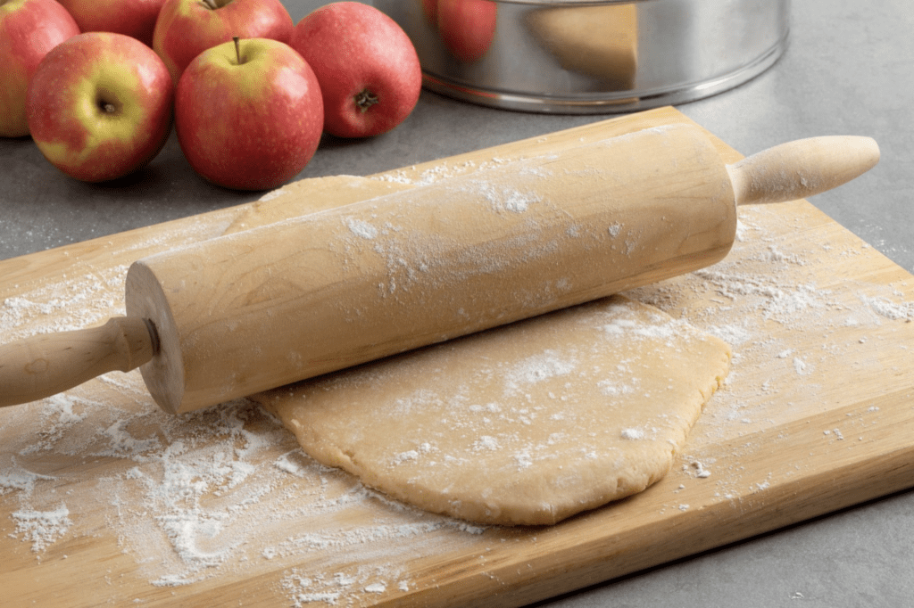 A dusted wooden rolling pin lies next to flattened dough on a board, surrounded by red apples and a baking tin.