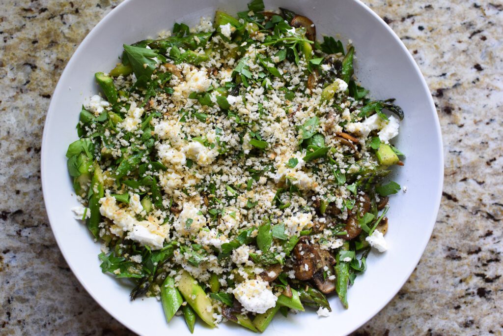 Warm Asparagus Salad with Mushrooms and Goat Cheese
